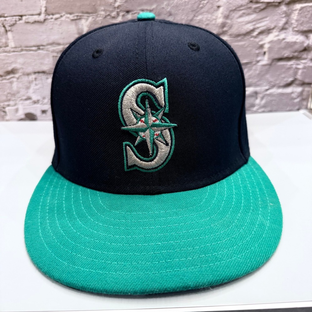 New Era 59FIFTY Seattle Mariners Hat Mens 7 3/8‎ Navy Teal MLB Fitted Cap